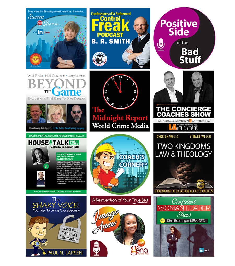 A colleciton of podcast cover designs